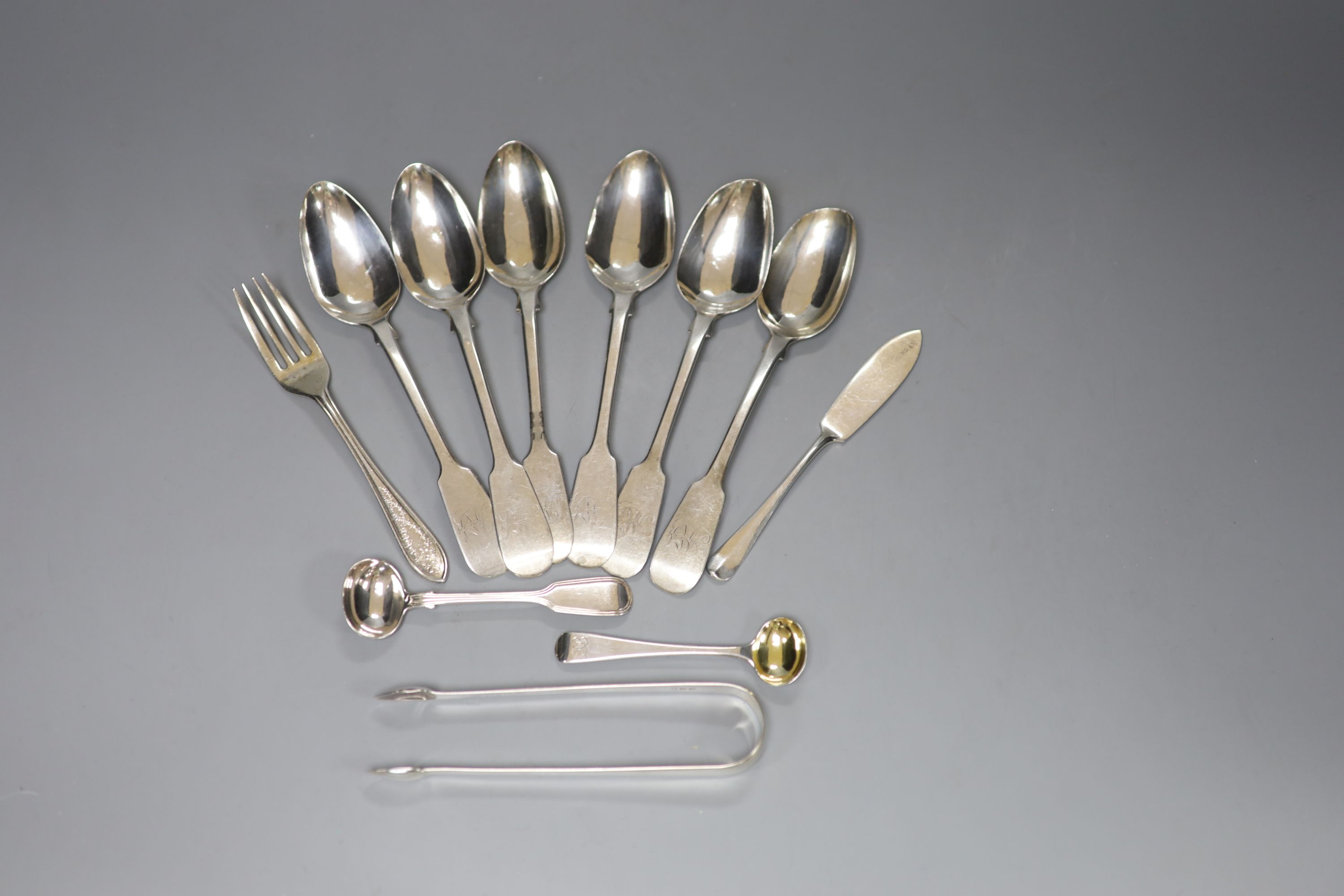 A set of six William IV Scottish silver dessert spoons, Andrew Davidson, Edinburgh, 1836 and a small group of minor silver flatware